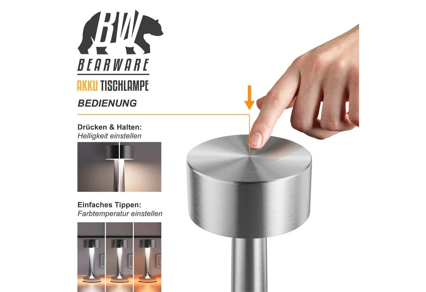 BEARWARE LED Tischleuchte Kabellos Dimmbar 3 Lichtfarben Akku Touch - Bild 3