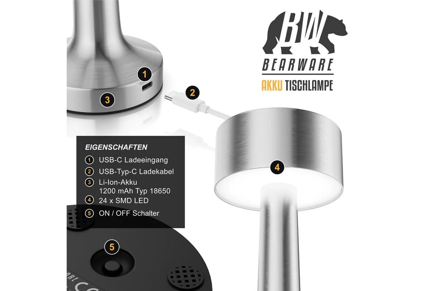 BEARWARE LED Tischleuchte Kabellos Dimmbar 3 Lichtfarben Akku Touch - Bild 4