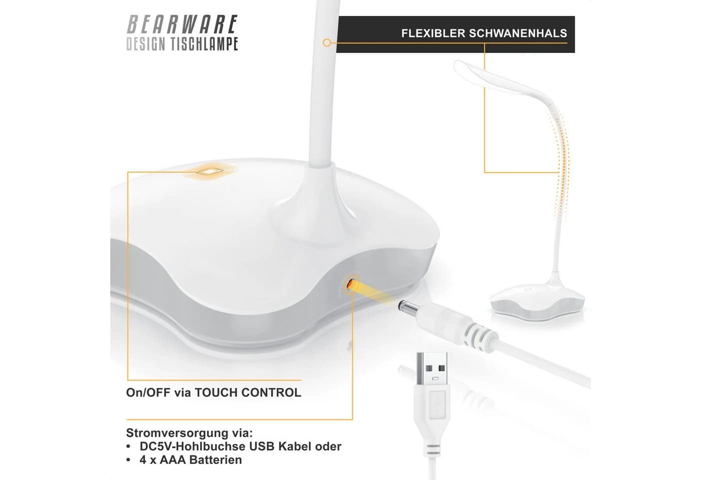 BEARWARE LED Schreibtischlampe Dimmbar Weiß USB/Batterie - Bild 3