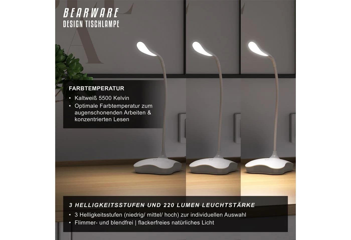 BEARWARE LED Schreibtischlampe Dimmbar Weiß USB/Batterie - Bild 4