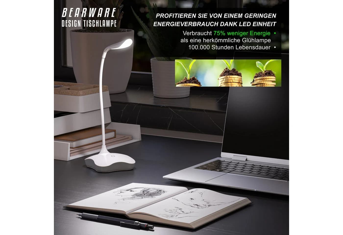 BEARWARE LED Schreibtischlampe Dimmbar Weiß USB/Batterie - Bild 5