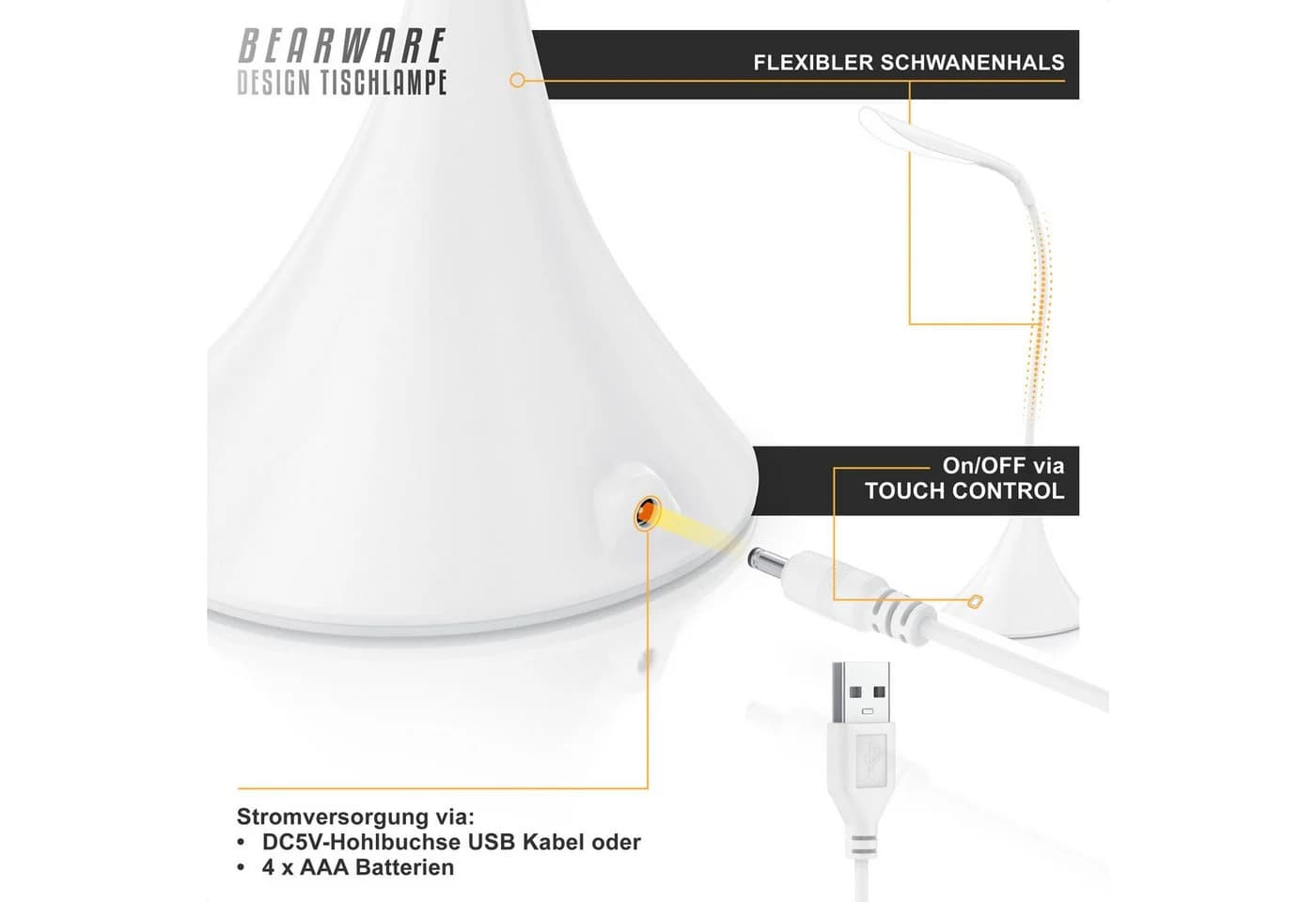 BEARWARE LED Schreibtischlampe Weiß Flexibler Schwanenhals USB & Batterie - Bild 3