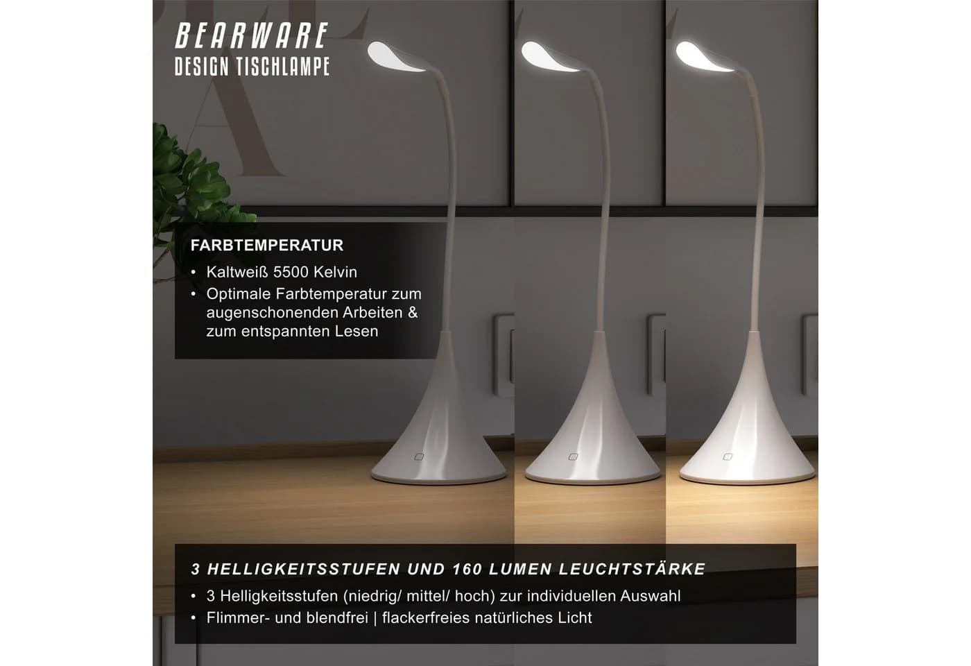 BEARWARE LED Schreibtischlampe Weiß Flexibler Schwanenhals USB & Batterie - Bild 4