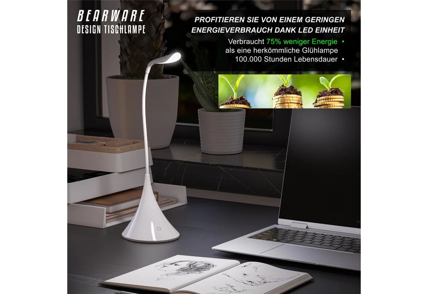 BEARWARE LED Schreibtischlampe Weiß Flexibler Schwanenhals USB & Batterie - Bild 5