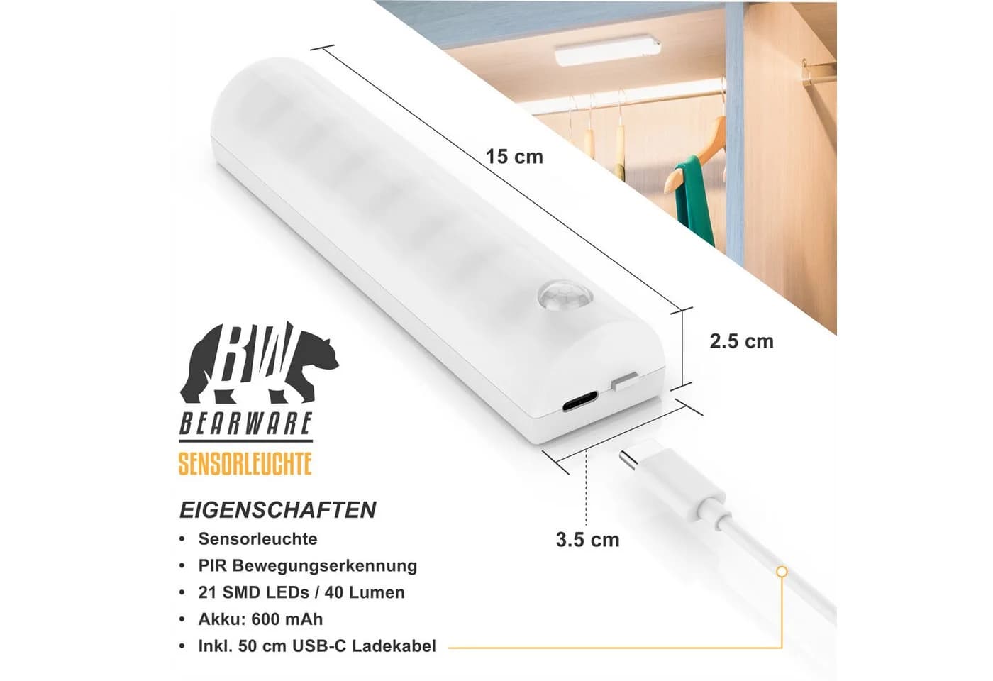 BEARWARE Smarte LED-Sensorleuchte mit Bewegungsmelder 4 Lichtfarben