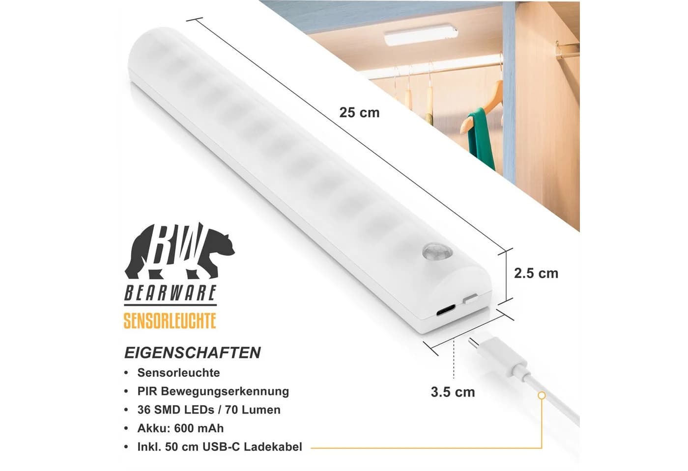 BEARWARE Smarte LED-Sensorleuchte mit Bewegungsmelder 4 Lichtfarben