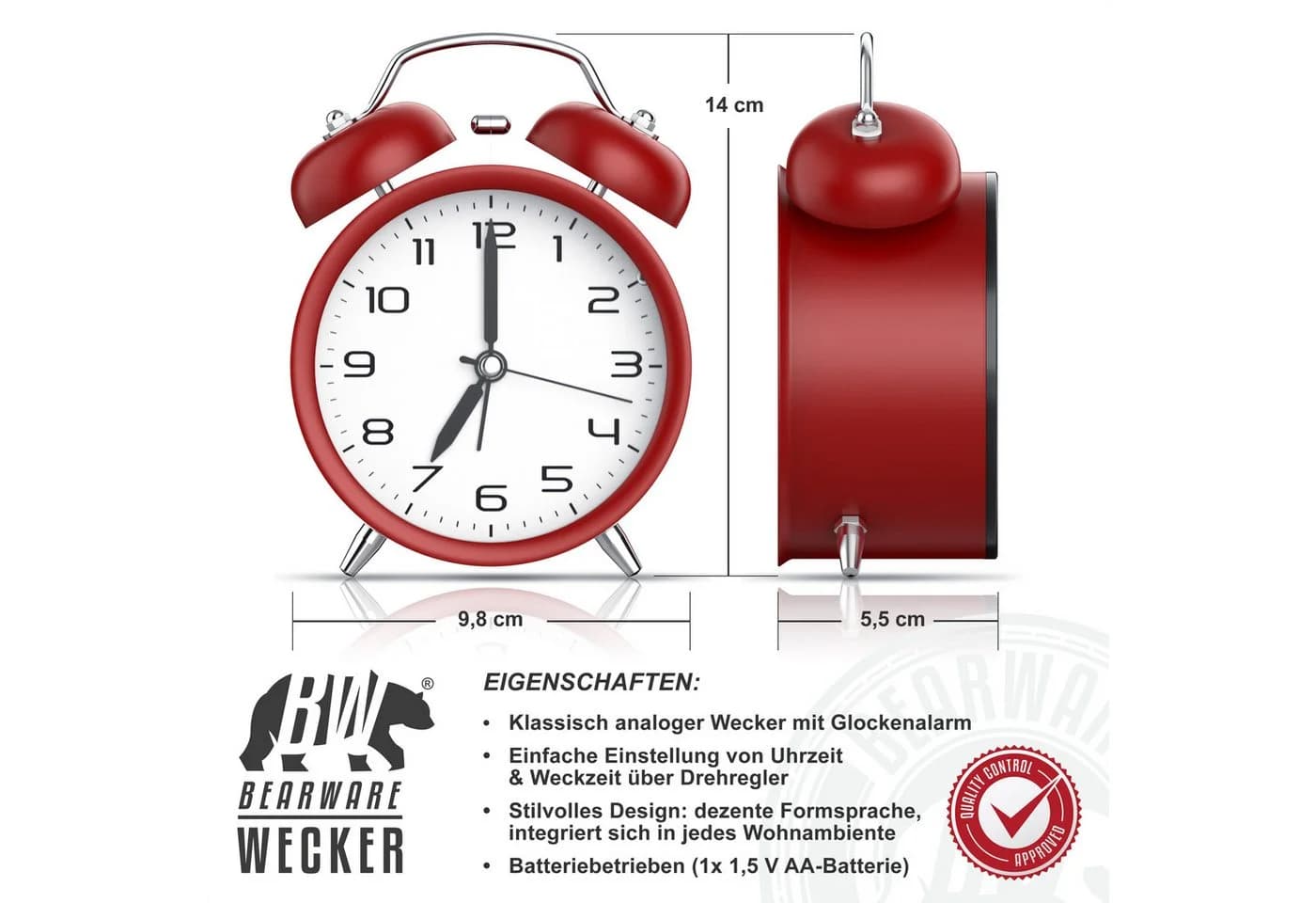 BEARWARE Wecker Analog, rund, mit Licht, Retro, lauter Glockenalarm für Tiefschläfer