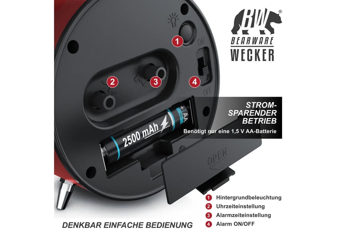 BEARWARE Wecker Analog, rund, mit Licht, Retro, lauter Glockenalarm für Tiefschläfer - Bild 3