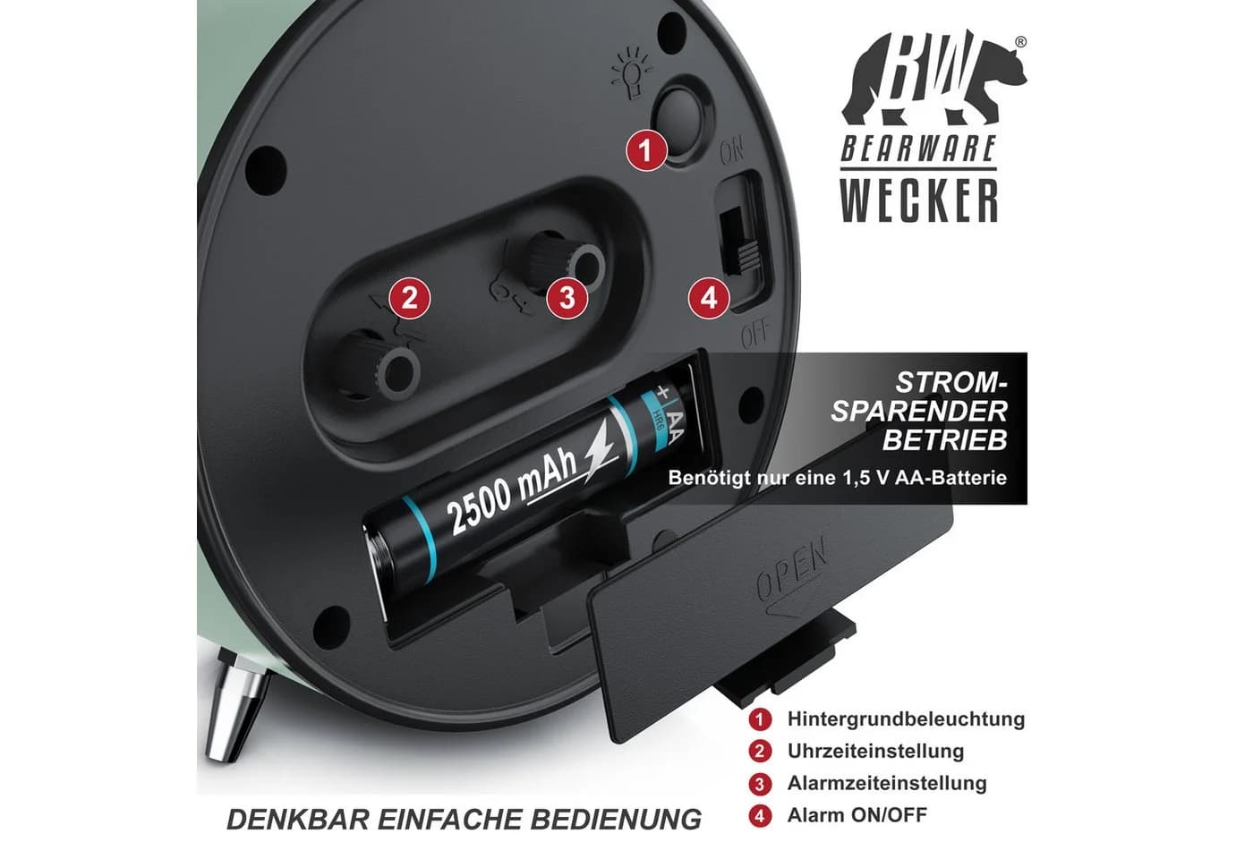 BEARWARE Wecker Analog, rund, mit Licht, Retro, lauter Glockenalarm für Tiefschläfer - Bild 3