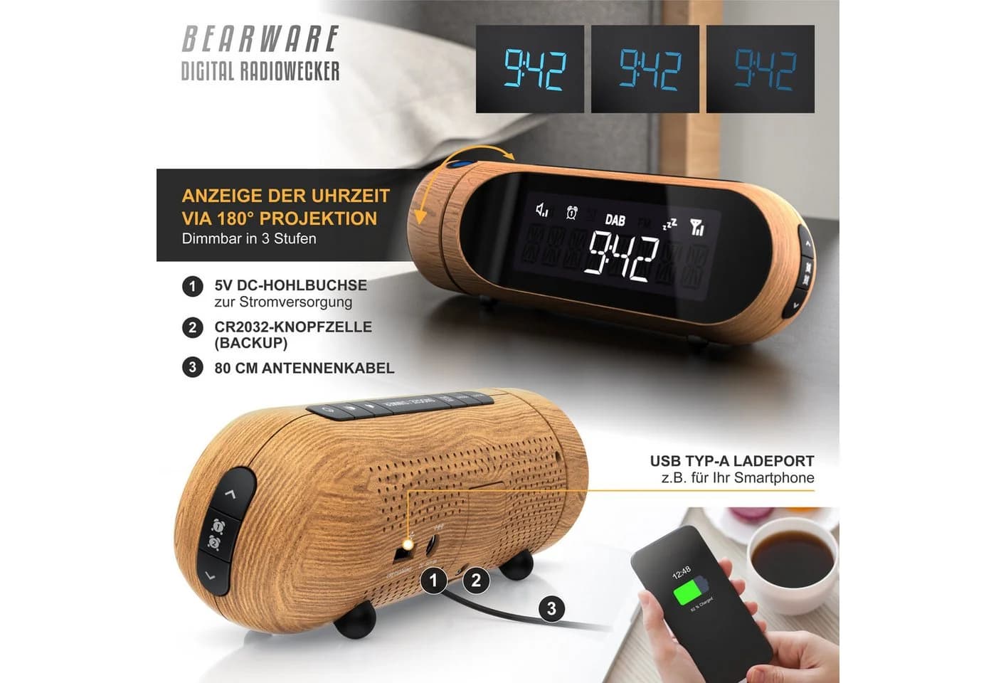 BEARWARE Radiowecker DAB+ mit Projektion und Dual Alarm - Bild 4