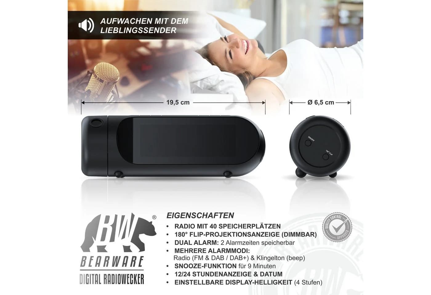 BEARWARE Radiowecker mit DAB+ Projektion und Dual Alarm