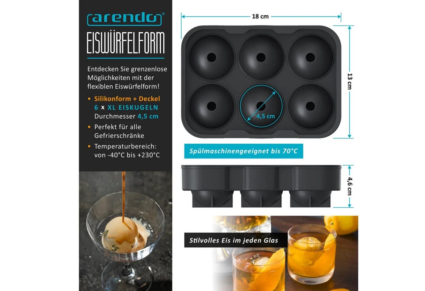 Arendo Eiswürfelform 6x Kugelform Schwarz mit Trichter