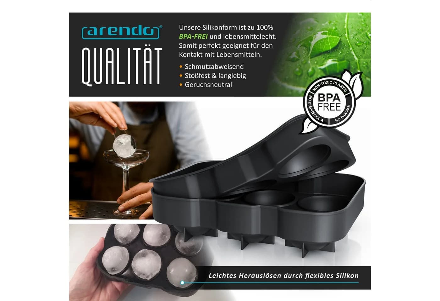 Arendo Eiswürfelform 6x Kugelform Schwarz mit Trichter - Bild 3