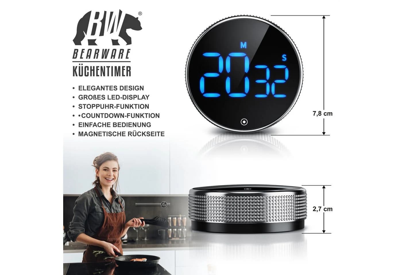 BEARWARE Küchentimer Digital Schwarz/Silber LED Magnetisch