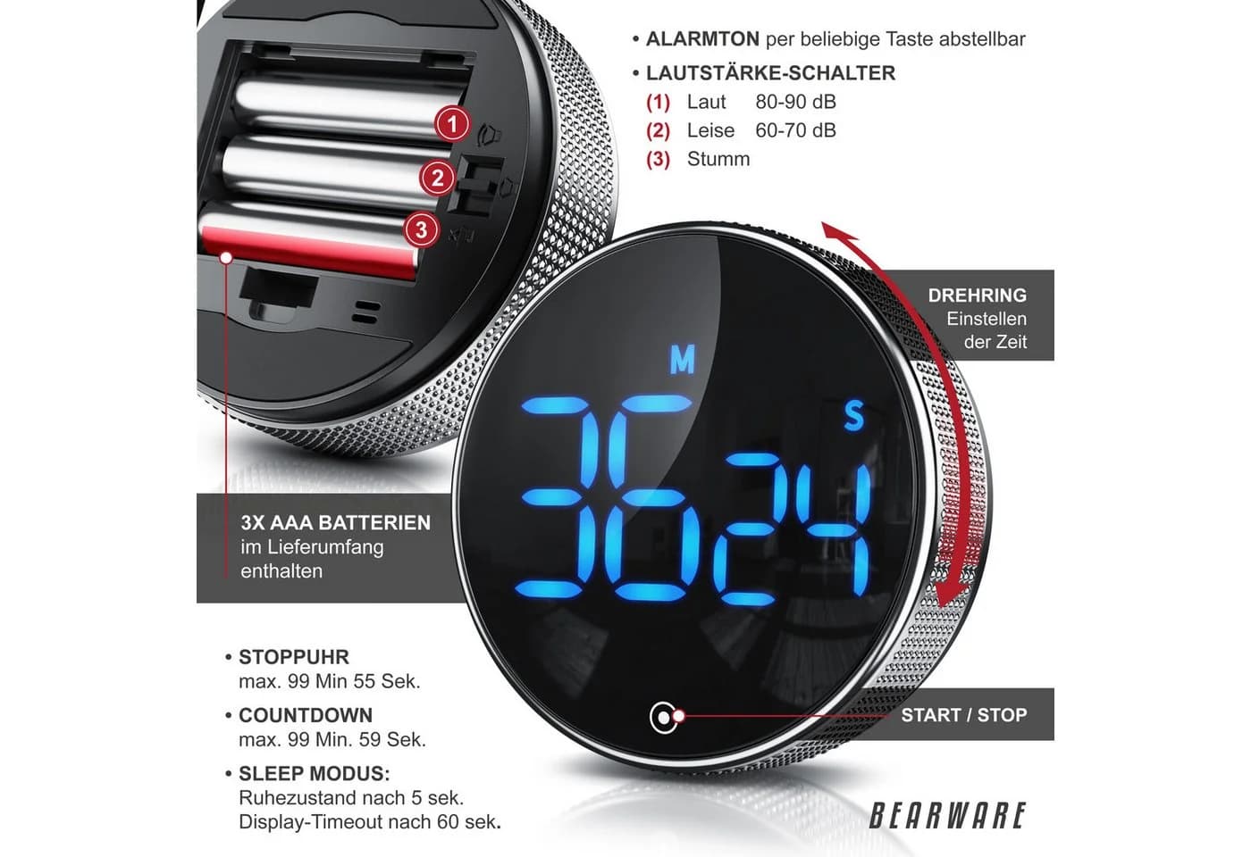 BEARWARE Küchentimer Digital Schwarz/Silber LED Magnetisch - Bild 3
