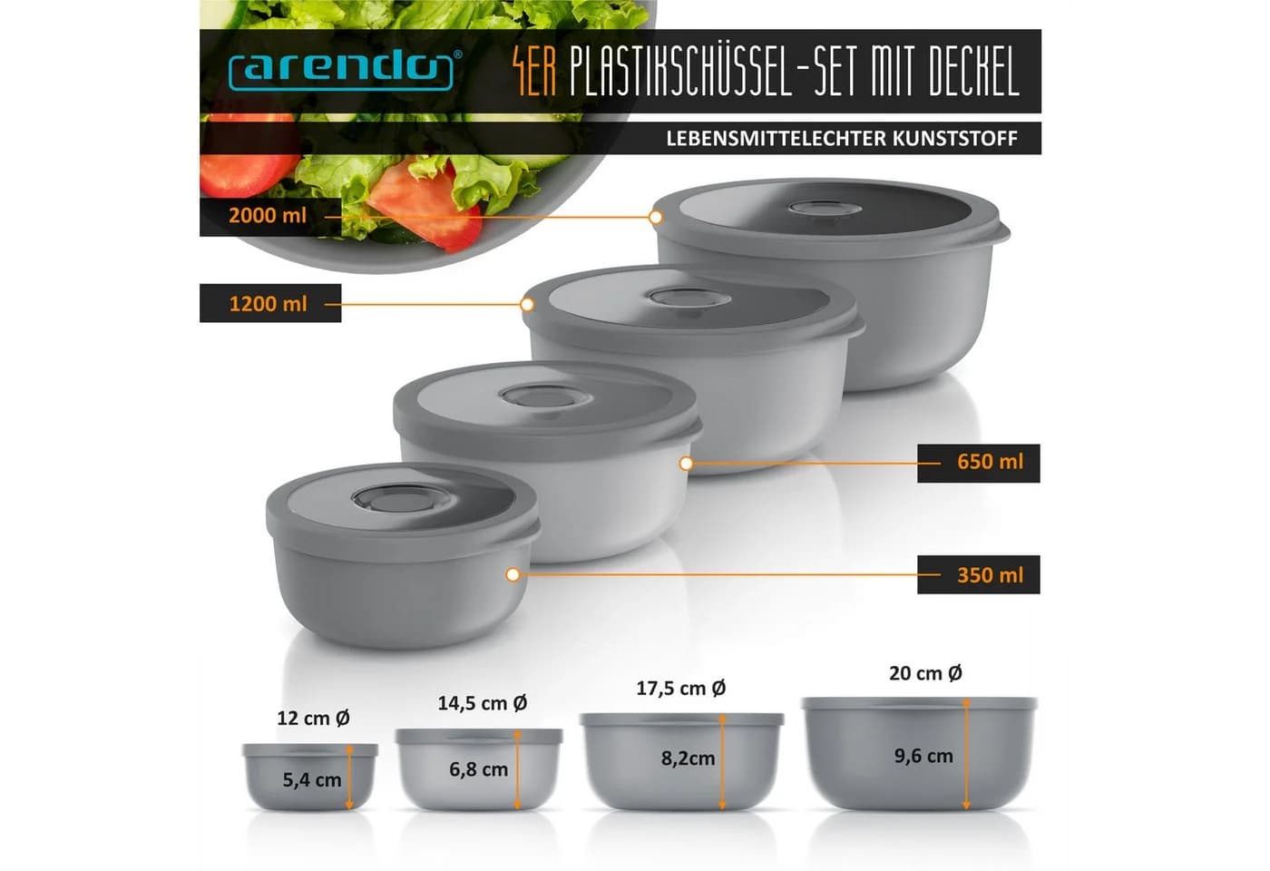 Arendo Rührschüssel 4er Set mit Deckel Kunststoff Grau