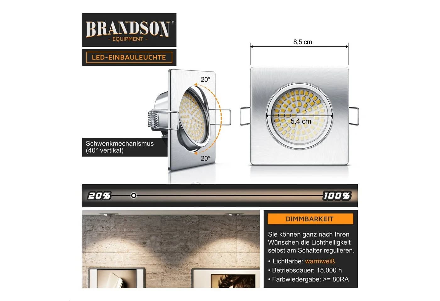 Brandson 6x LED Einbaustrahler Edelstahl Optik Schwenkbar Warmweiß - Bild 3