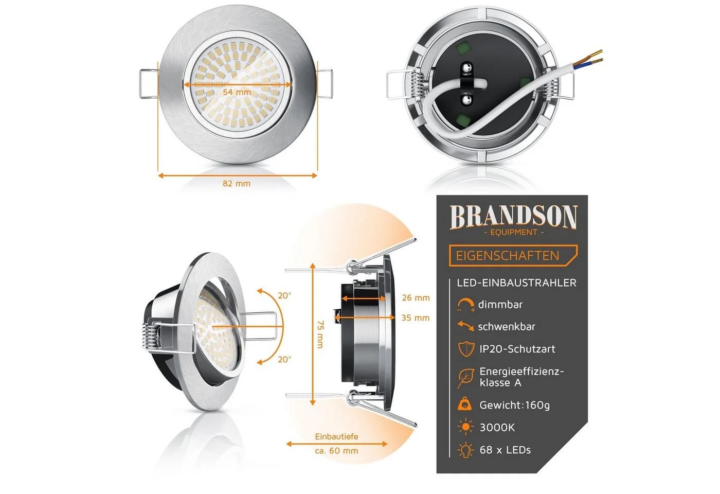 Brandson LED Einbaustrahler 6er Set Silber Dimmbar Schwenkbar - Bild 4