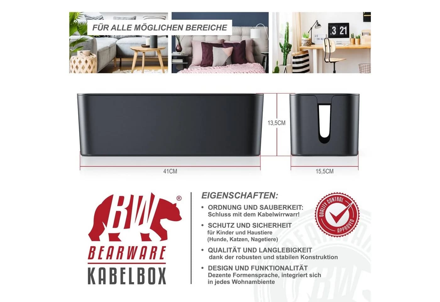 BEARWARE Kabelbox 2-tlg Schwarz/Weiß mit Gummifüßen