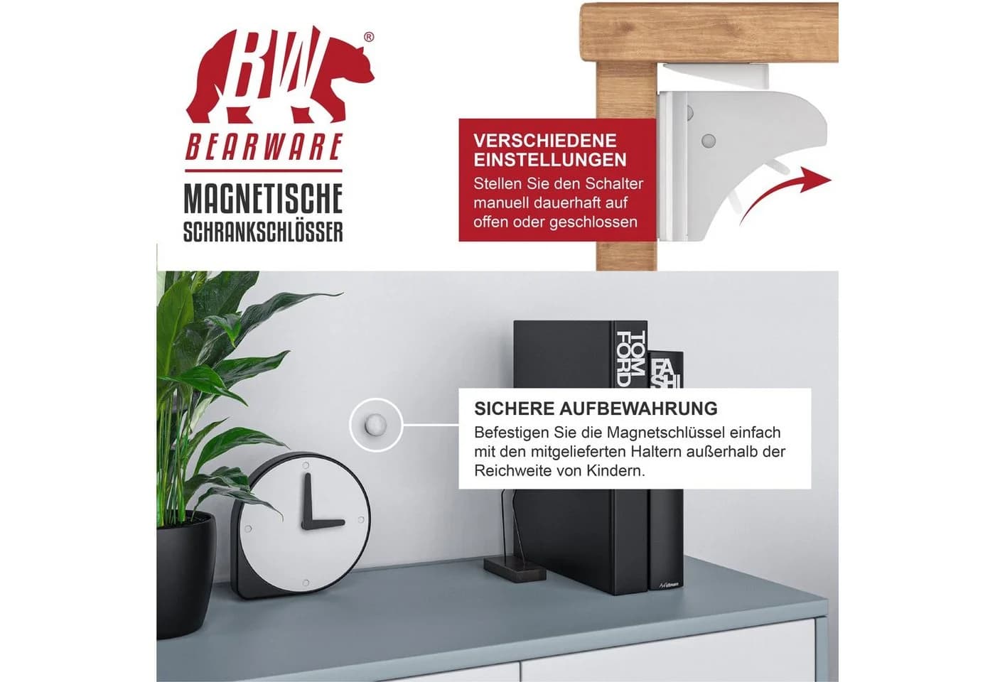 BEARWARE Kindersicherung Babysicherung Schrankschloss, Magnetisch, 10 Schlösser