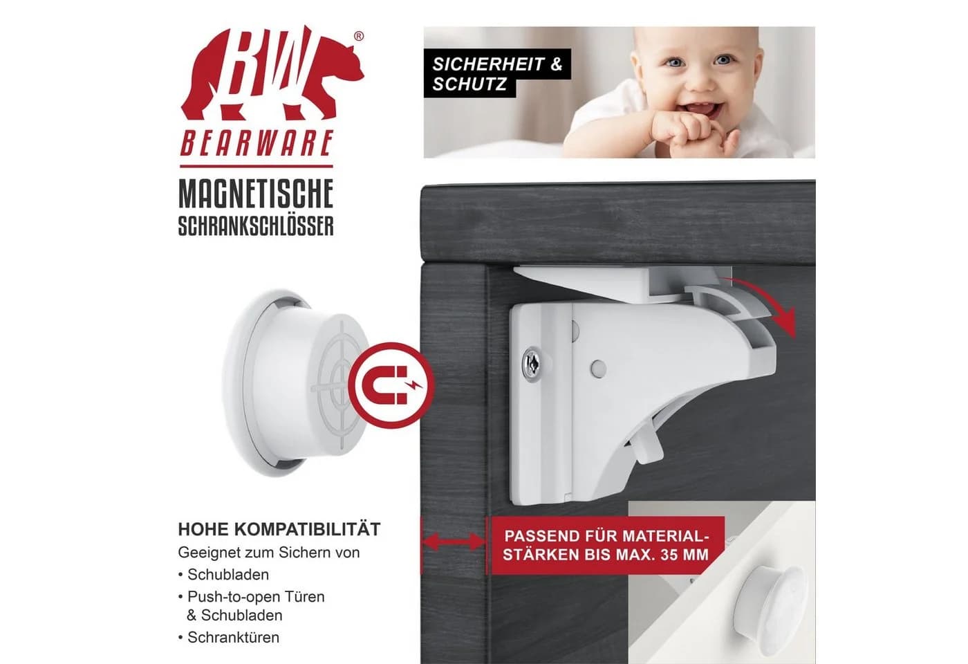 BEARWARE Kindersicherung Babysicherung Schrankschloss, Magnetisch, 10 Schlösser - Bild 3