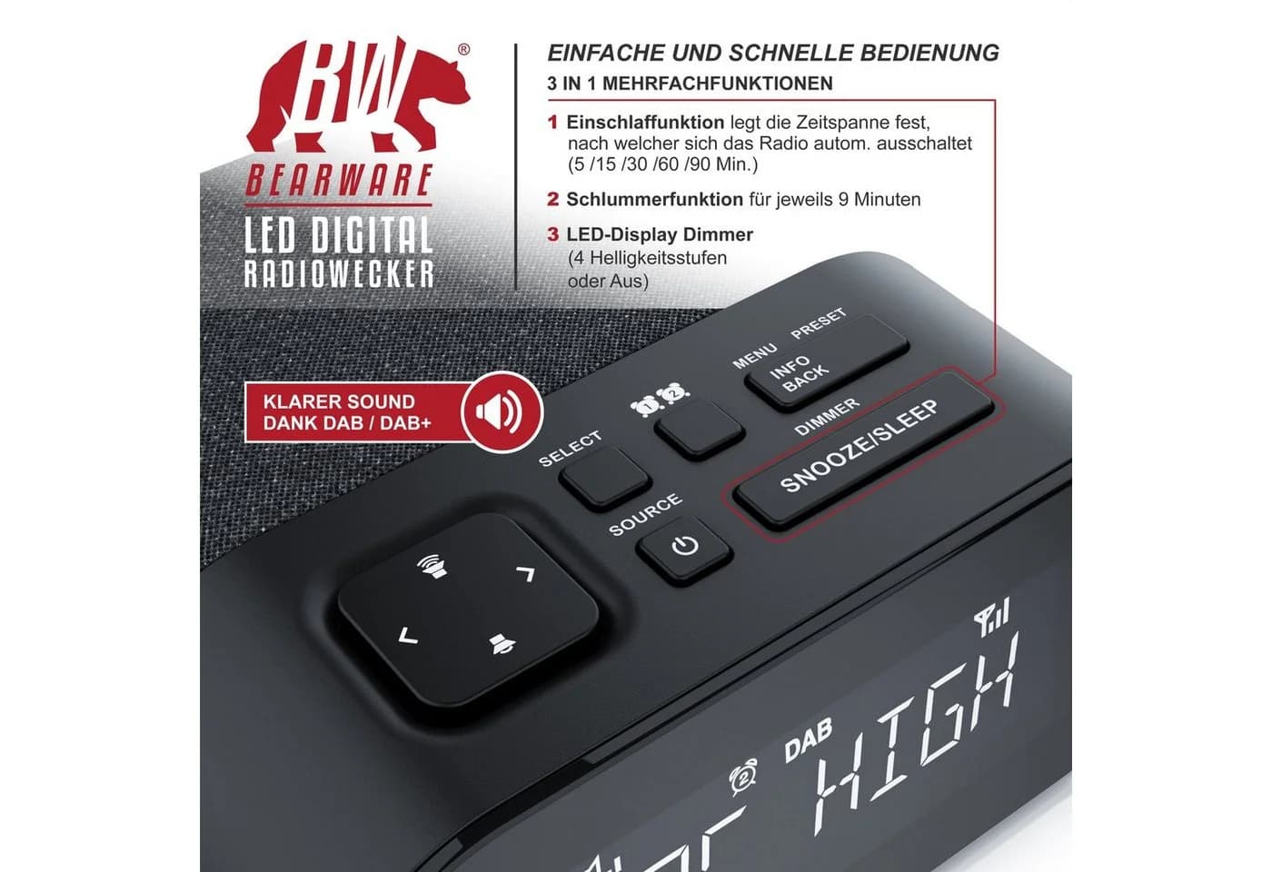 BEARWARE DAB+ Radiowecker Digital mit FM, Dual Alarm und USB Ladeport - Bild 4
