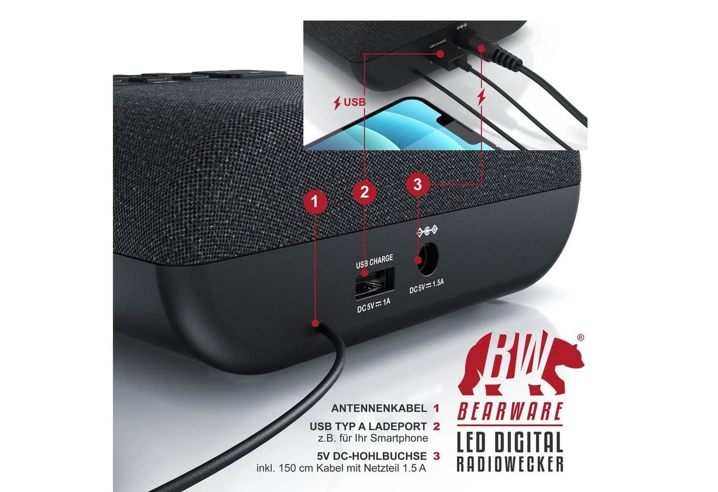 BEARWARE DAB+ Radiowecker Digital mit FM, Dual Alarm und USB Ladeport - Bild 5