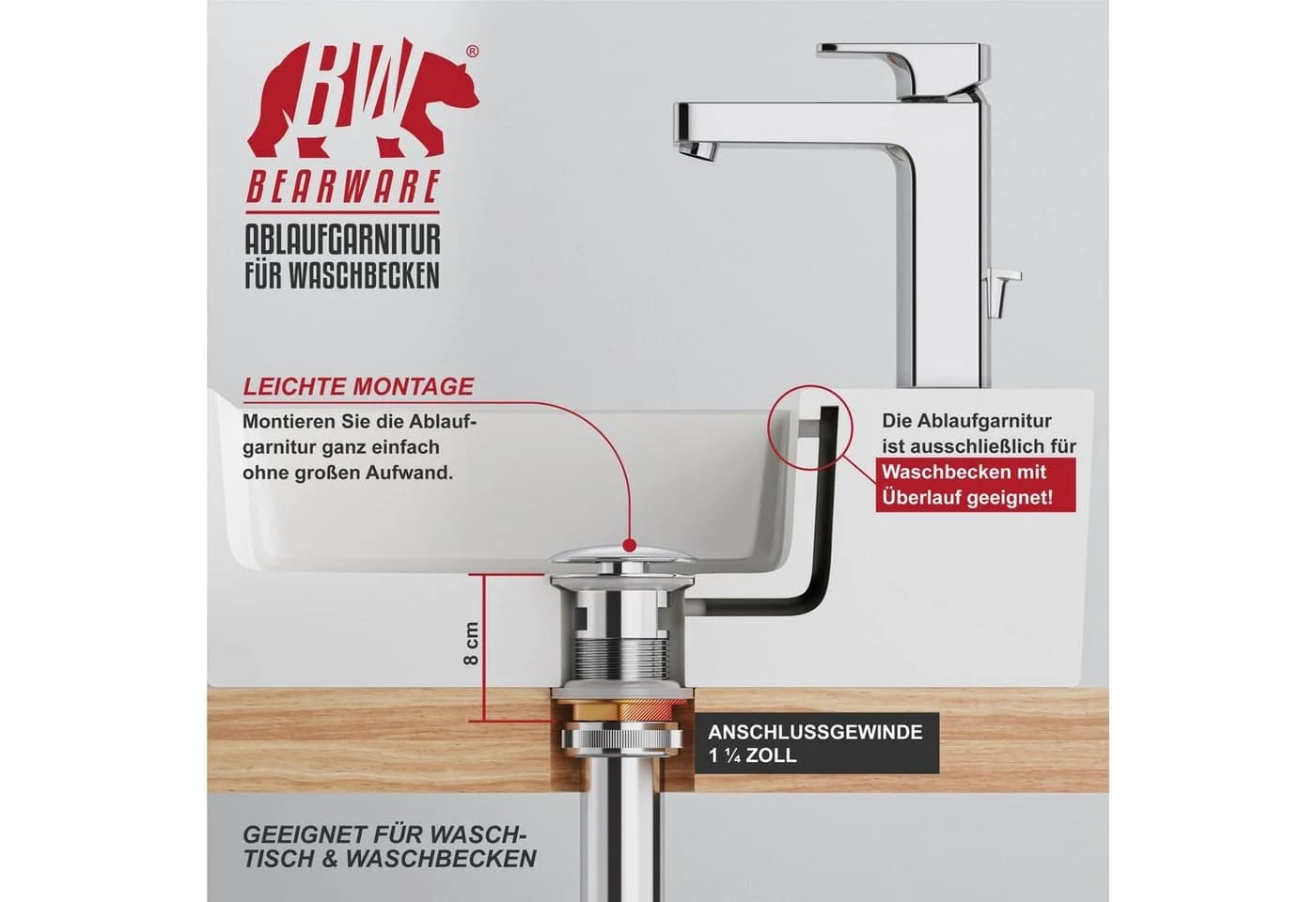 BEARWARE Ablaufgarnitur mit Überlauf Stöpsel Messing verchromt Pop Up - Bild 3