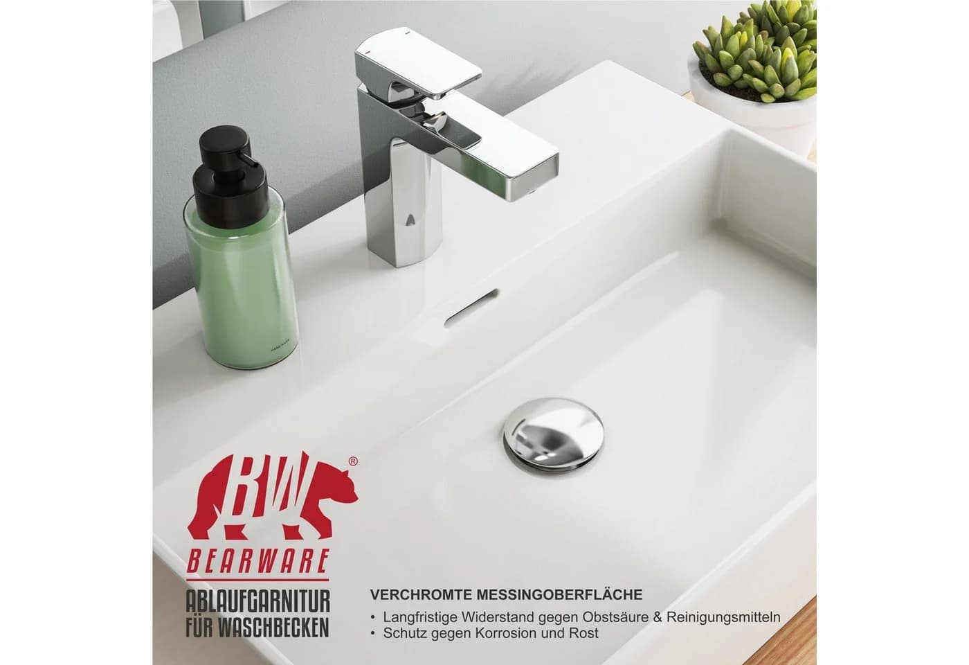 BEARWARE Ablaufgarnitur mit Überlauf Stöpsel Messing verchromt Pop Up - Bild 5