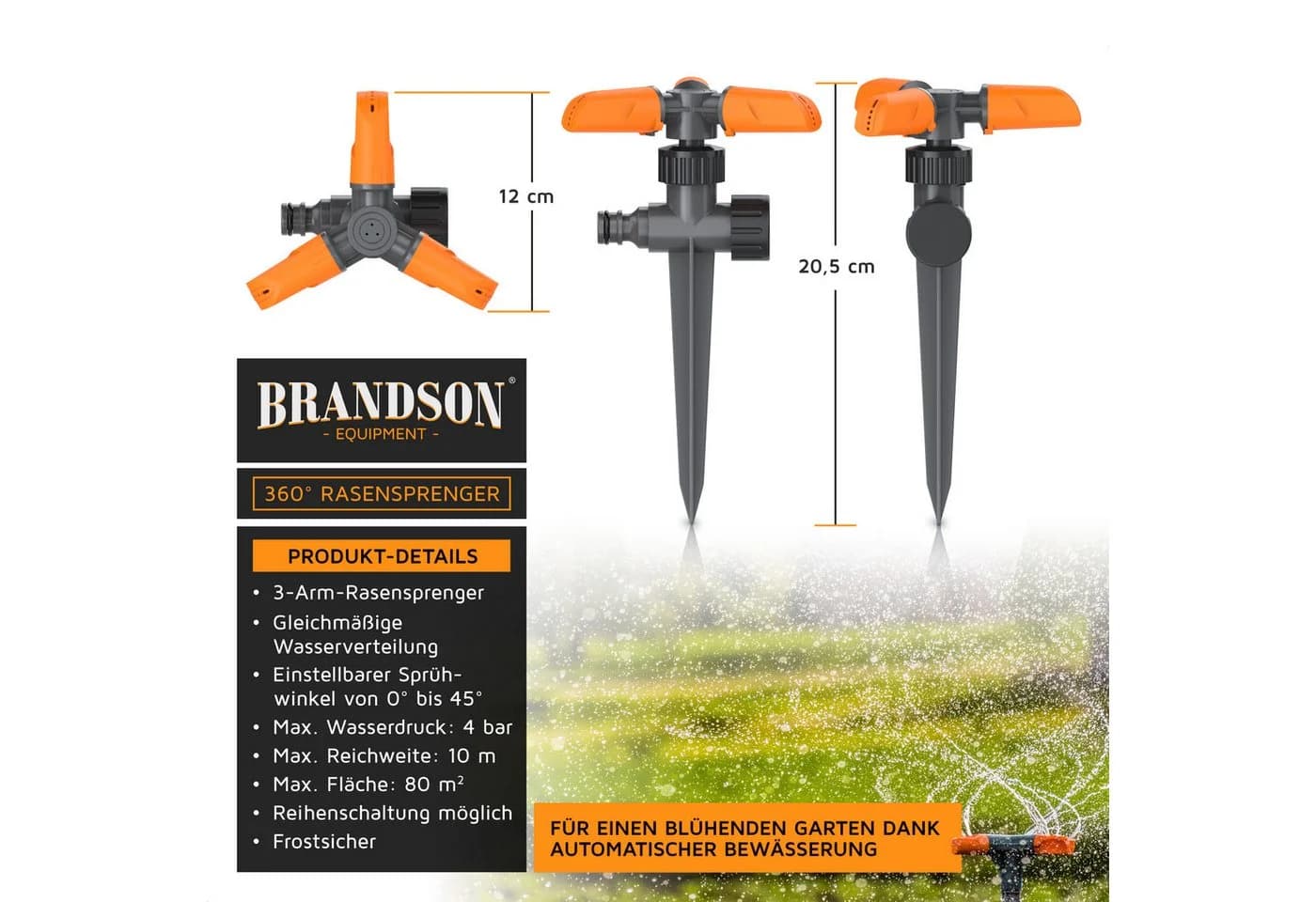 Brandson Rasensprenger 360° Kreisregner 3 Arm rotierend 15 Düsen