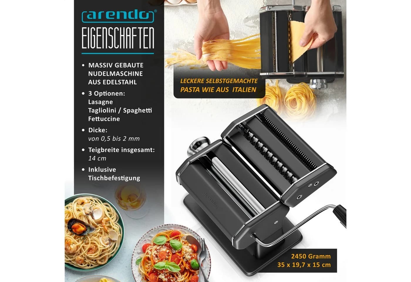 Arendo Nudelmaschine Manuell Edelstahl 7 Stärken Spaghetti Tagliatelle