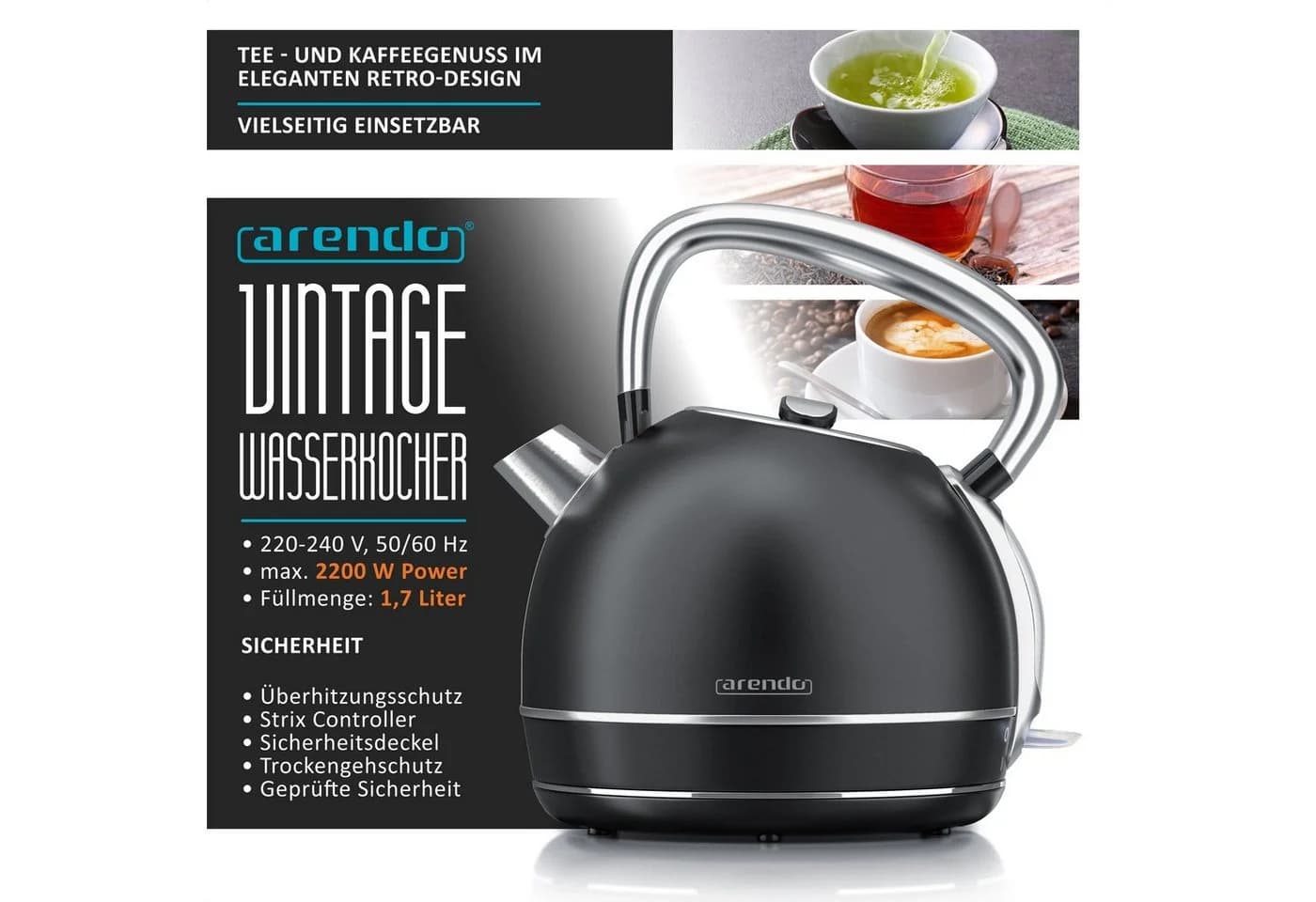 Arendo Frühstücks-Set Edelstahl Wasserkocher 1,7l & 2-Scheiben Toaster Schwarz