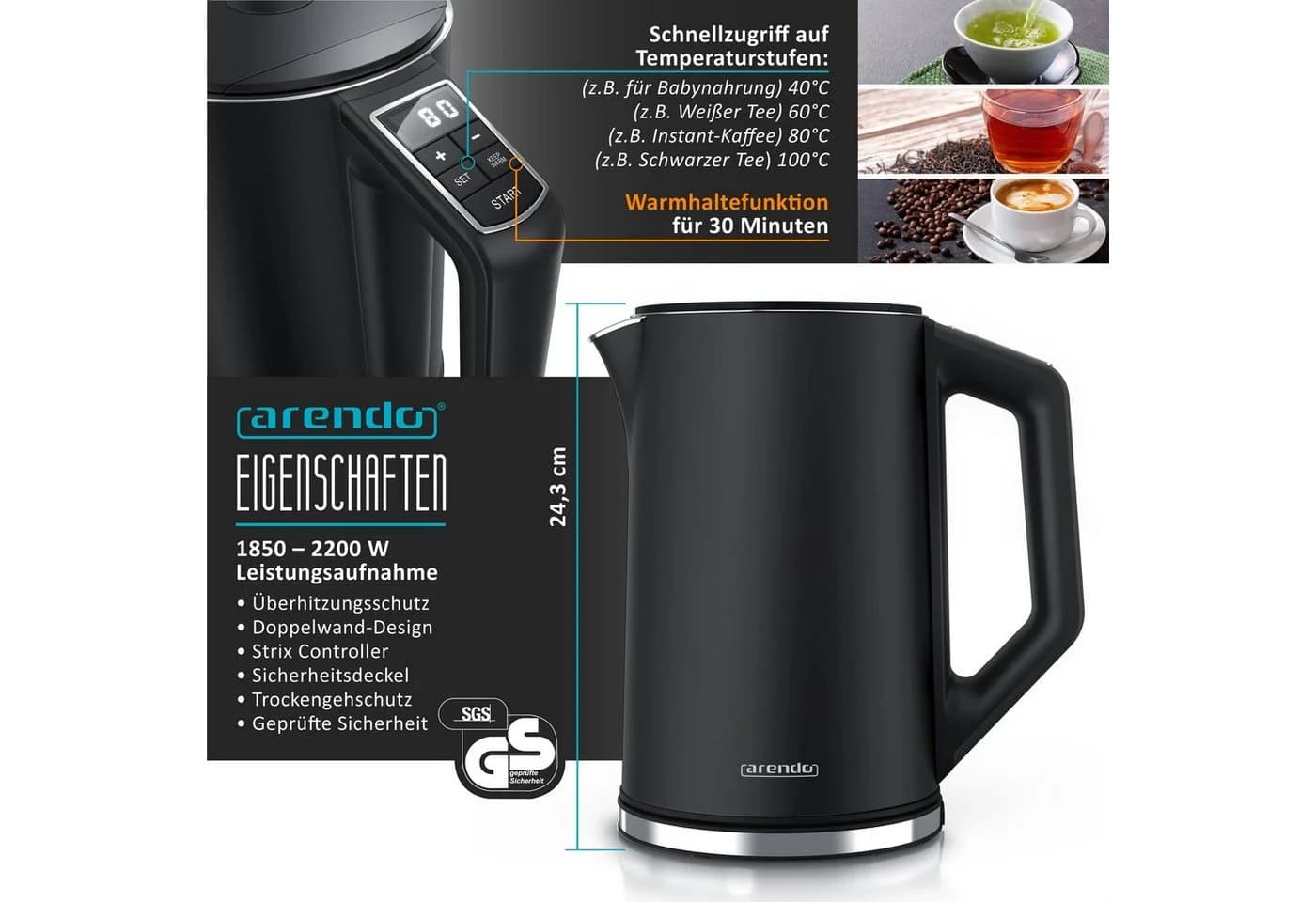 Arendo Frühstücks-Set Edelstahl Wasserkocher & Toaster Schwarz