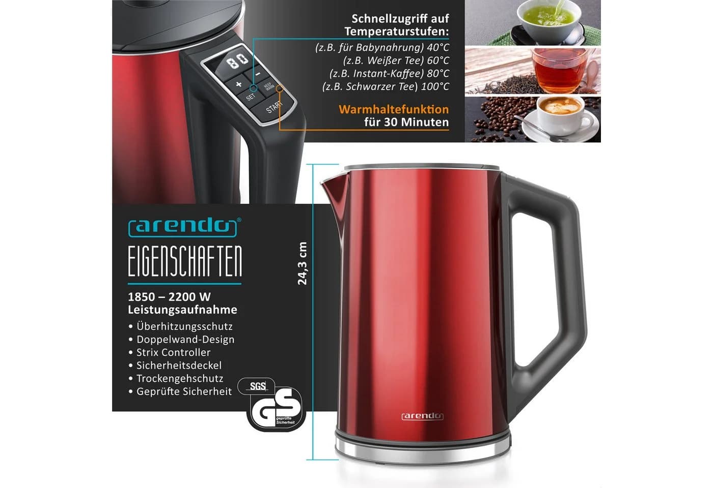 Arendo Frühstücks-Set 3-tlg. Edelstahl Wasserkocher, Toaster rot, Eierkocher