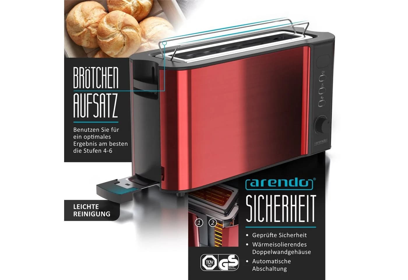 Arendo Frühstücks-Set 3-tlg. Edelstahl Wasserkocher, Toaster rot, Eierkocher - Bild 4