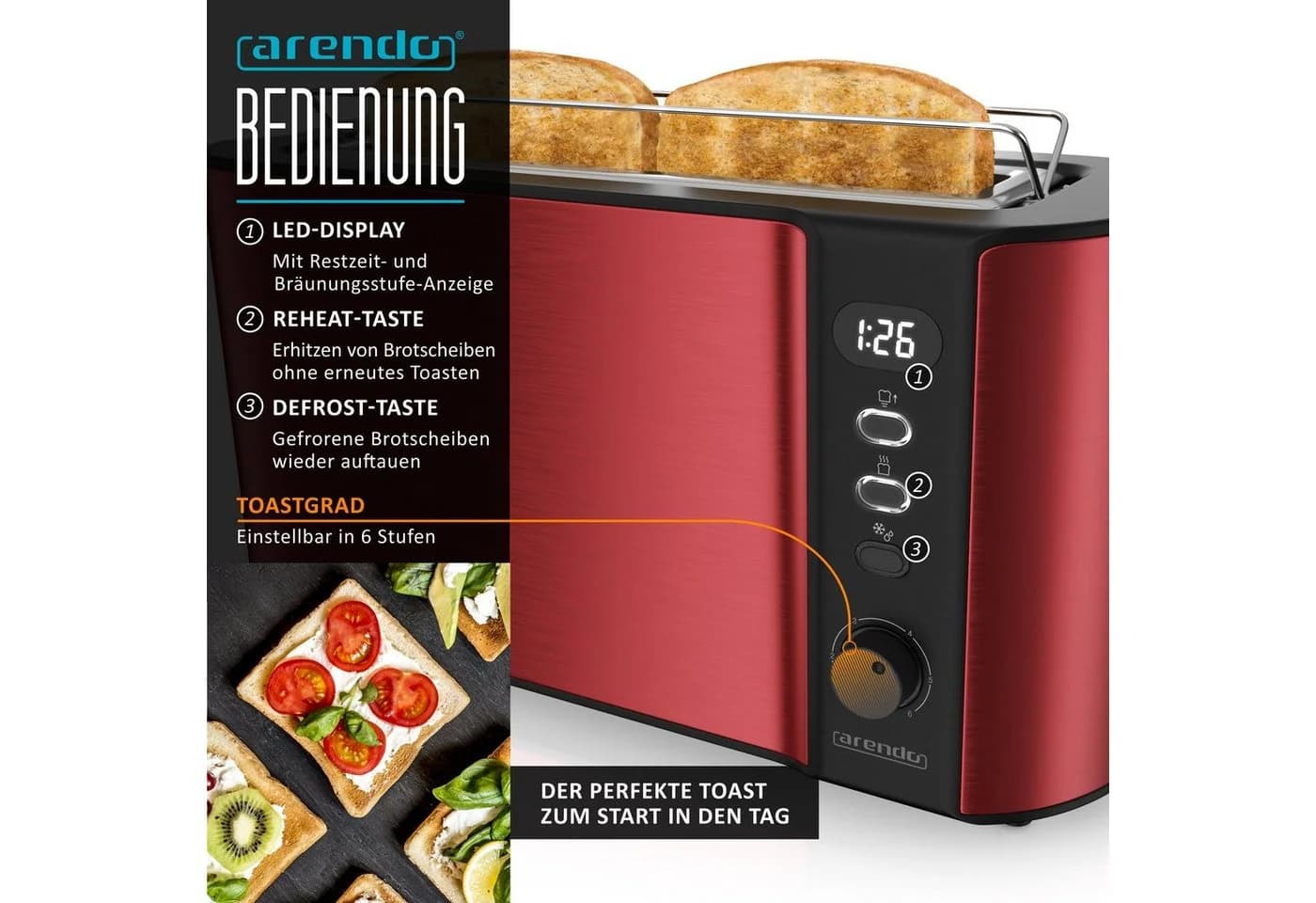 Arendo Frühstücks-Set 3-tlg. Edelstahl Wasserkocher, Toaster rot, Eierkocher - Bild 5