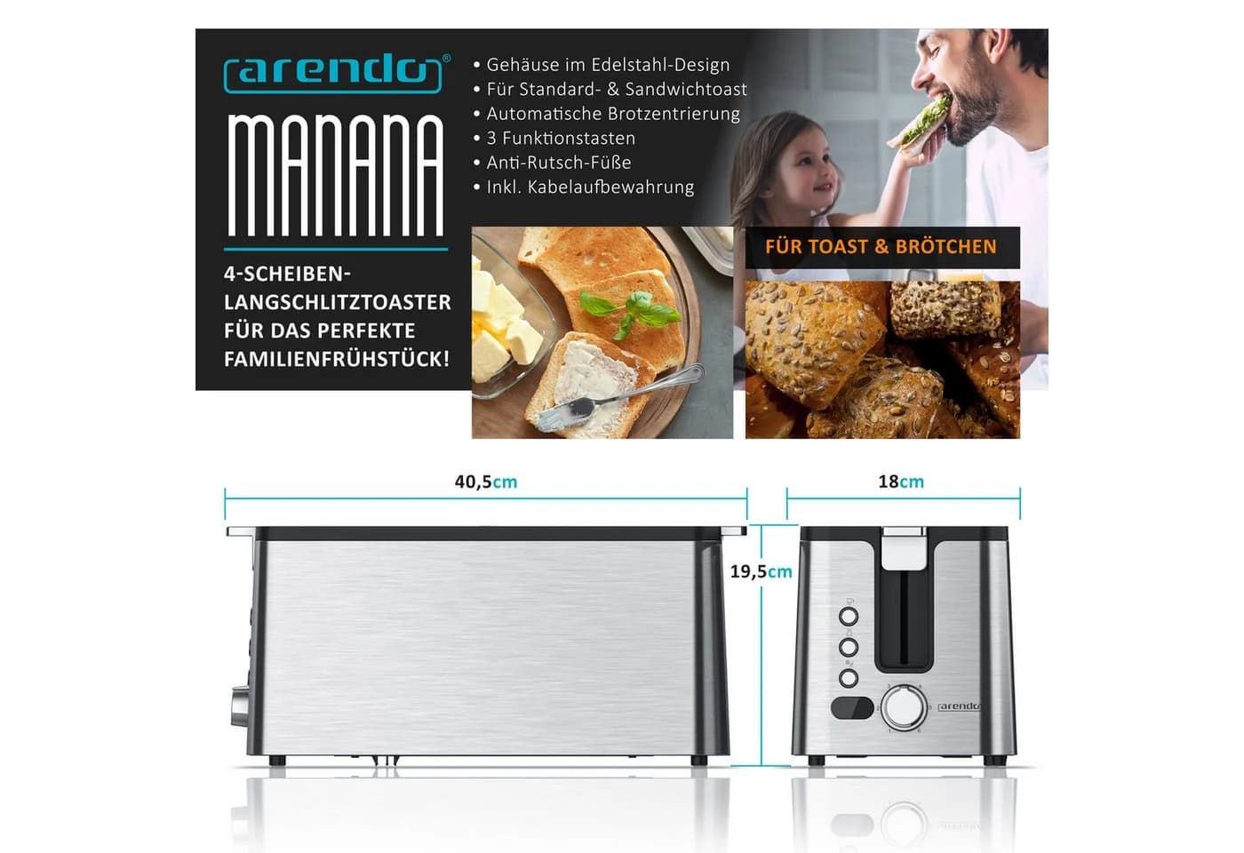 Arendo Frühstücks-Set Wasserkocher 1,5L & 4-Scheiben Toaster Silber - Bild 5