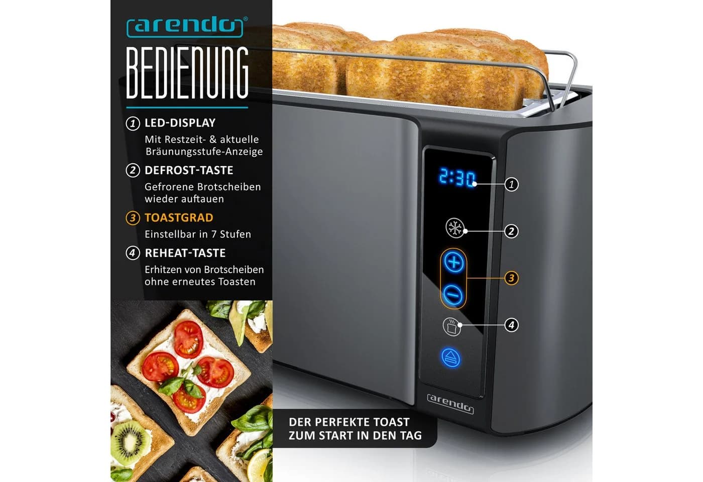 Arendo Frühstücks-Set Edelstahl Wasserkocher 1,5l & 4-Scheiben Toaster Cool Grey - Bild 5