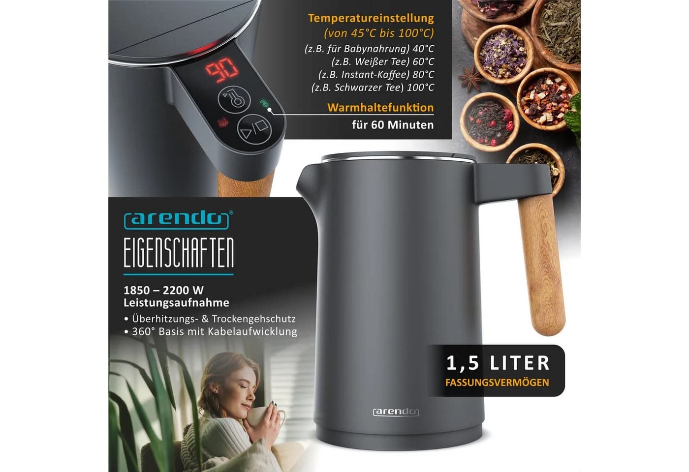 Arendo Frühstücks-Set Edelstahl Wasserkocher 1,5l & 2-Scheiben Toaster Cool Grey
