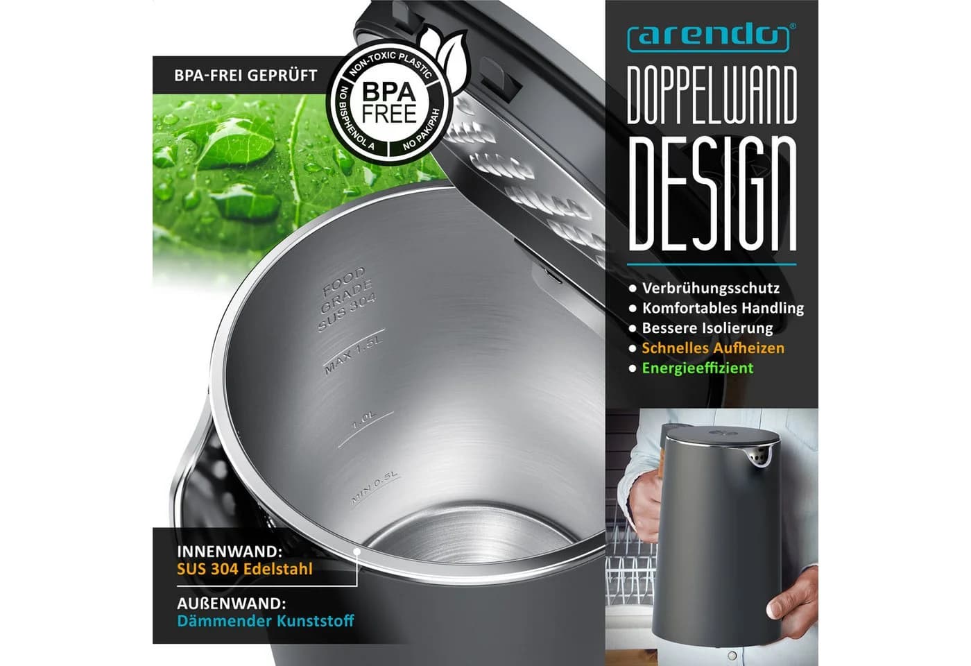 Arendo Frühstücks-Set Edelstahl Wasserkocher 1,5l & 2-Scheiben Toaster Cool Grey - Bild 3