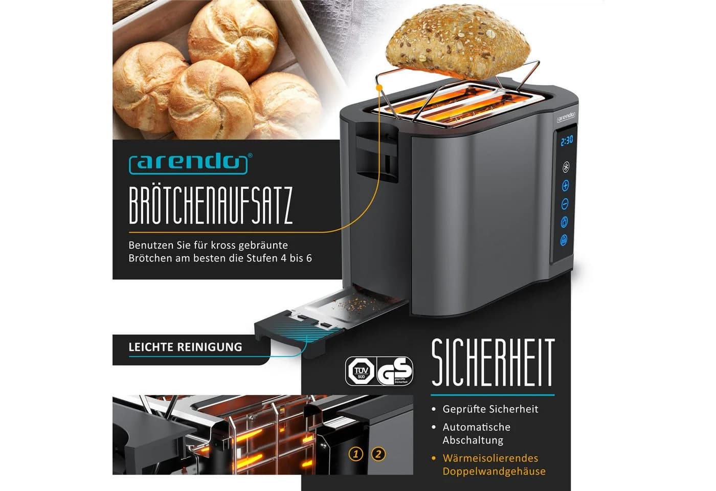 Arendo Frühstücks-Set Edelstahl Wasserkocher 1,5l & 2-Scheiben Toaster Cool Grey - Bild 4