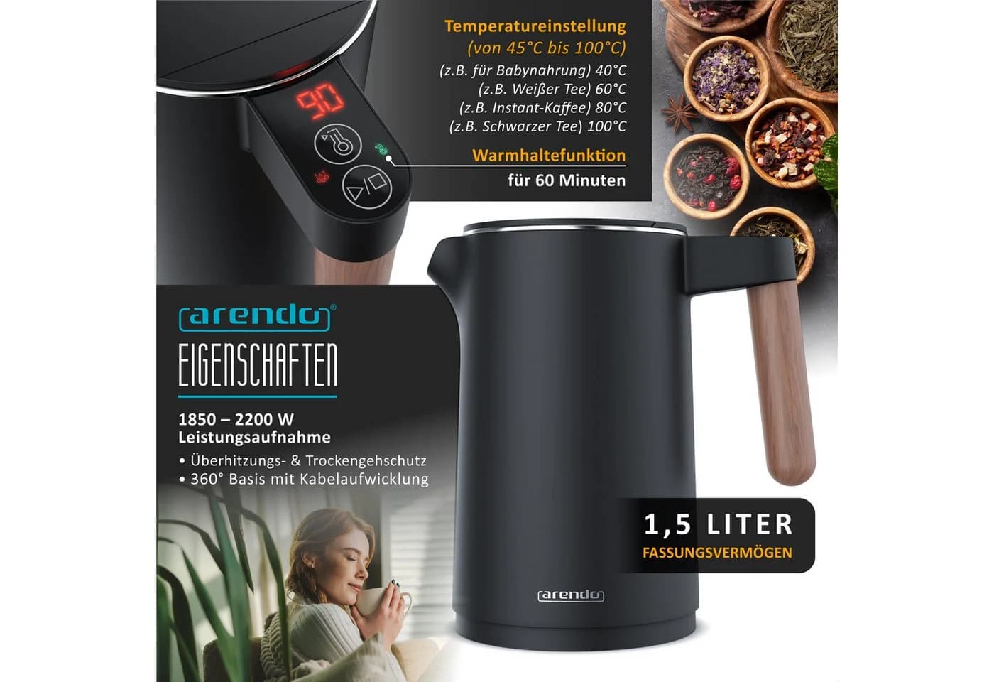 Arendo Frühstücks-Set Edelstahl Wasserkocher & Toaster Schwarz Touch