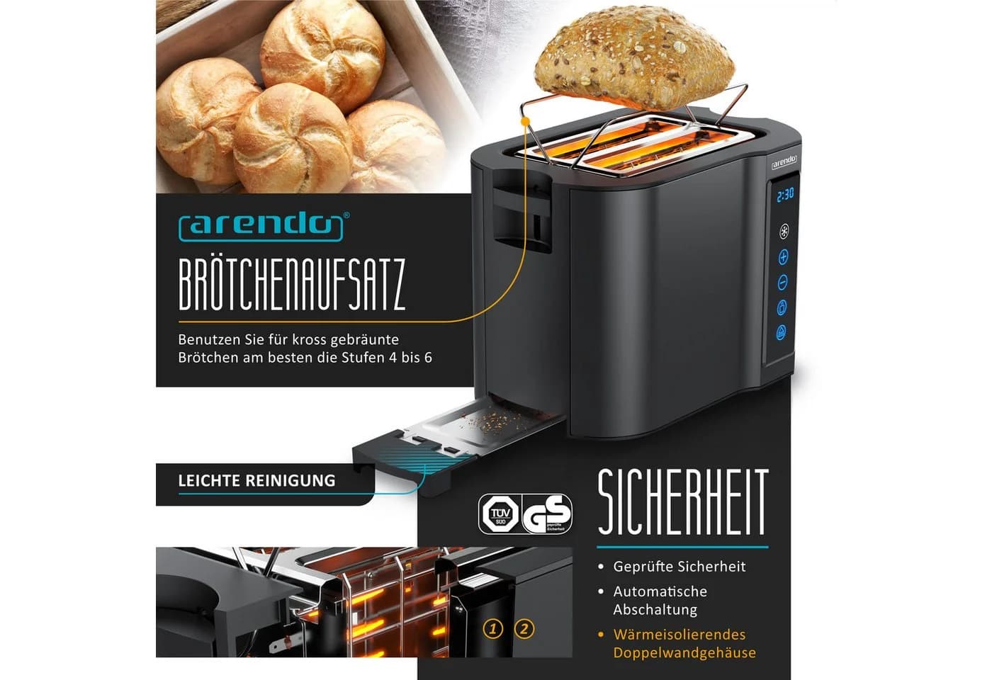 Arendo Frühstücks-Set Edelstahl Wasserkocher & Toaster Schwarz Touch - Bild 4