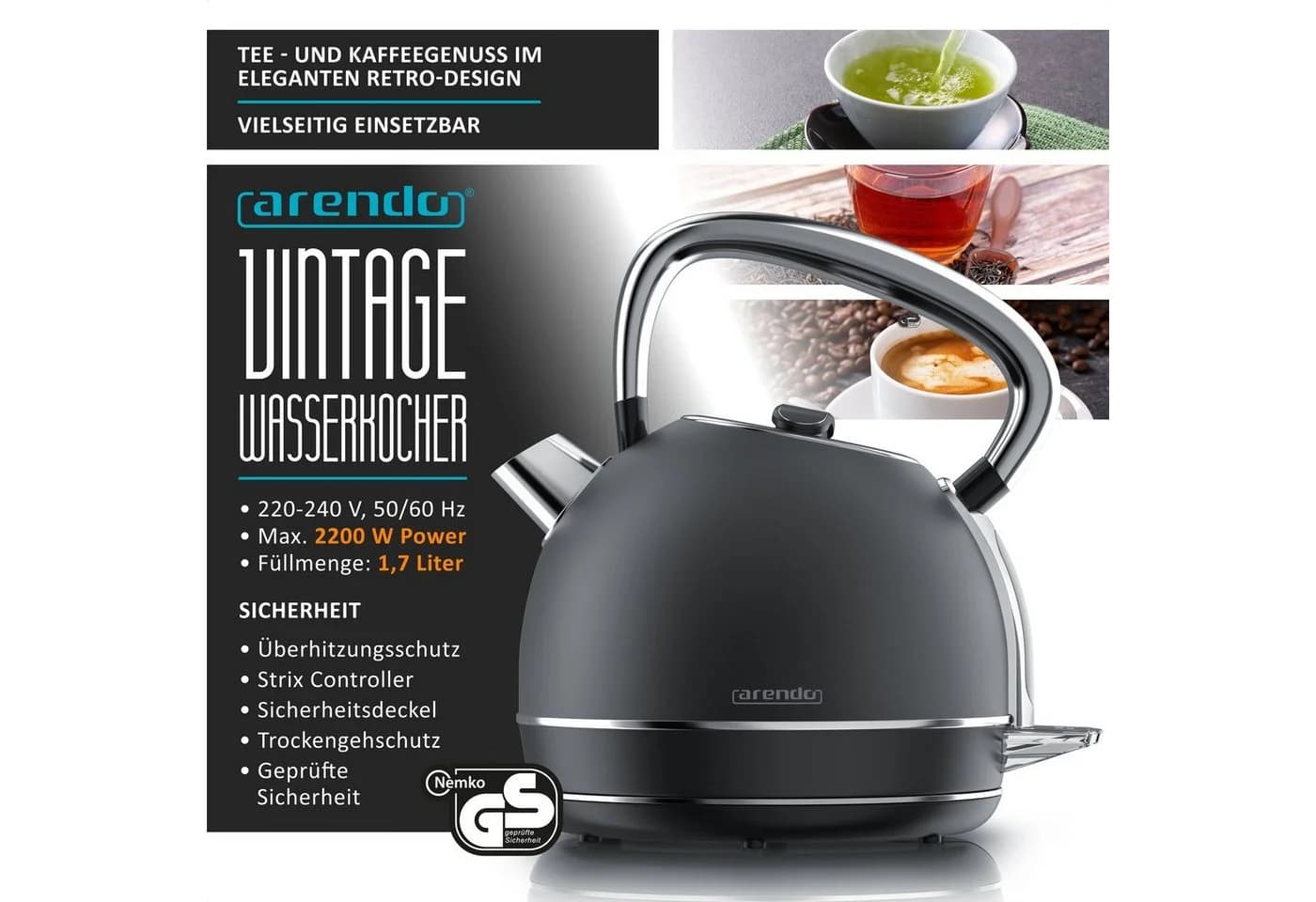 Arendo Frühstücks-Set Edelstahl Wasserkocher & 4-Scheiben Toaster Cool Grey