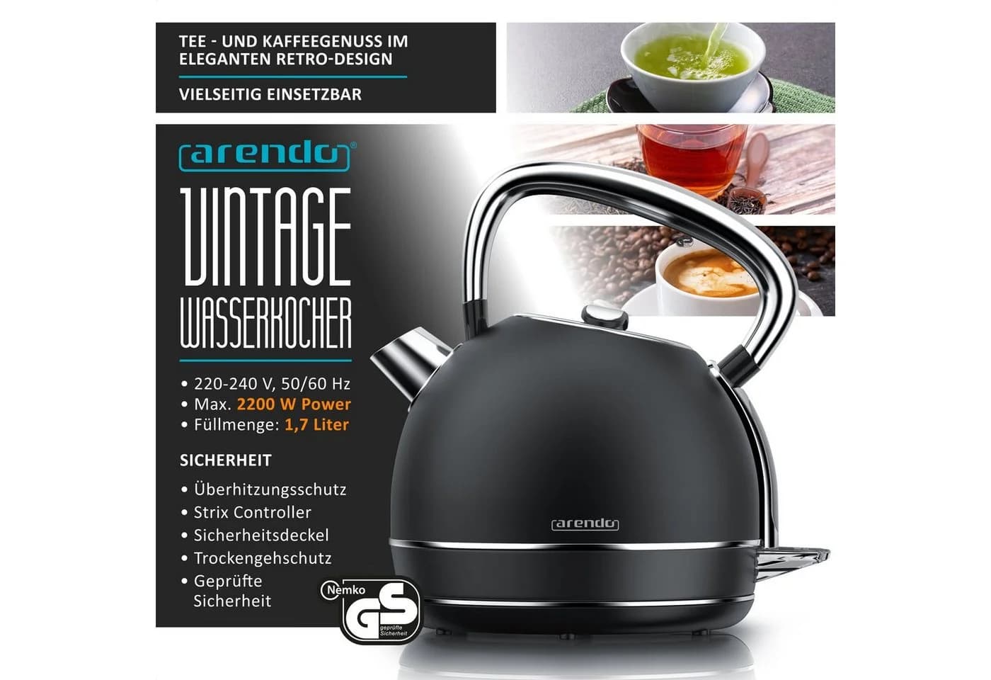 Arendo Frühstücks-Set Edelstahl Wasserkocher & 4-Scheiben Toaster Schwarz Retro