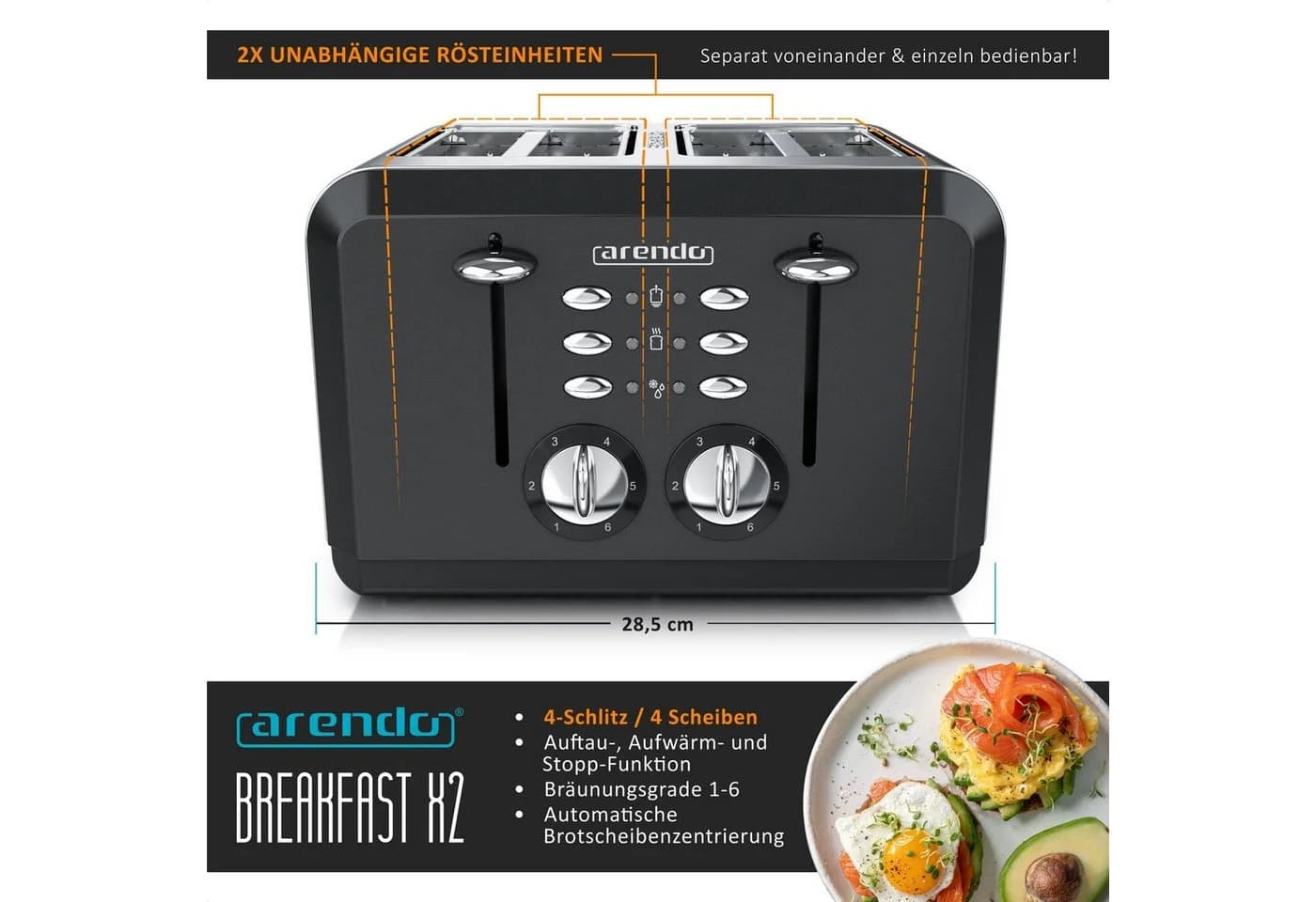Arendo Frühstücks-Set Edelstahl Wasserkocher & 4-Scheiben Toaster Schwarz Retro - Bild 5