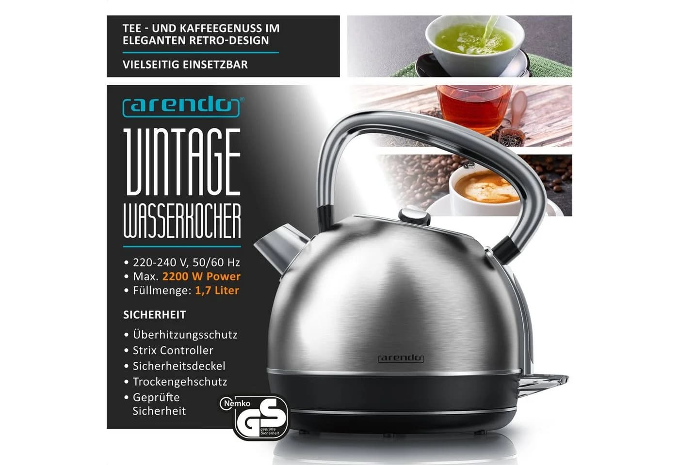 Arendo Frühstücks-Set Edelstahl Wasserkocher & 4-Scheiben Toaster Retro Silber