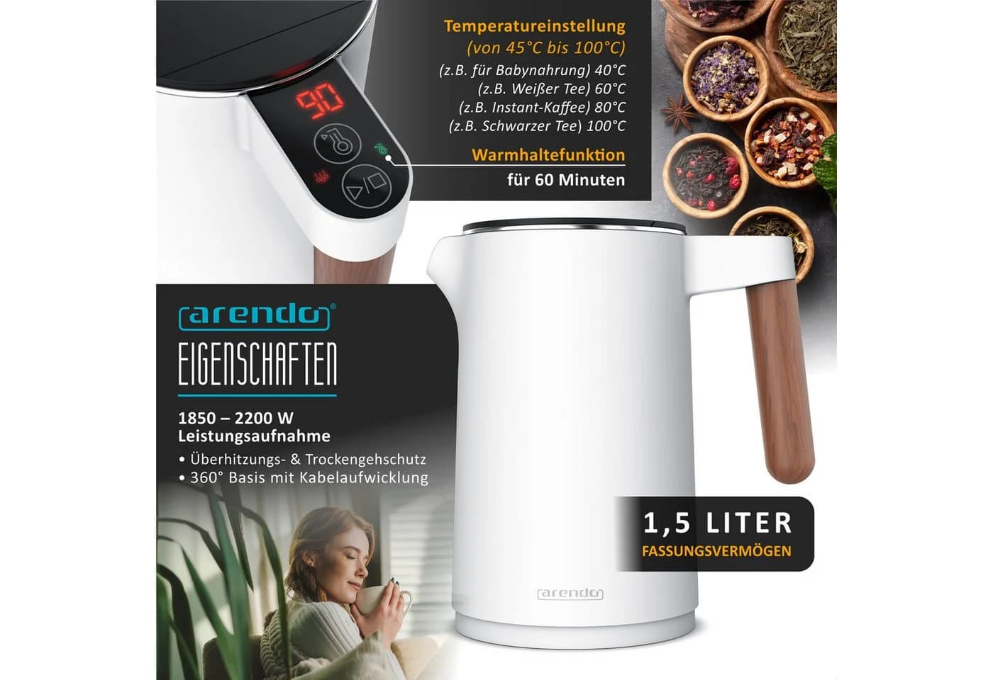 Arendo Frühstücks-Set Weiß Edelstahl Wasserkocher & Toaster Touch