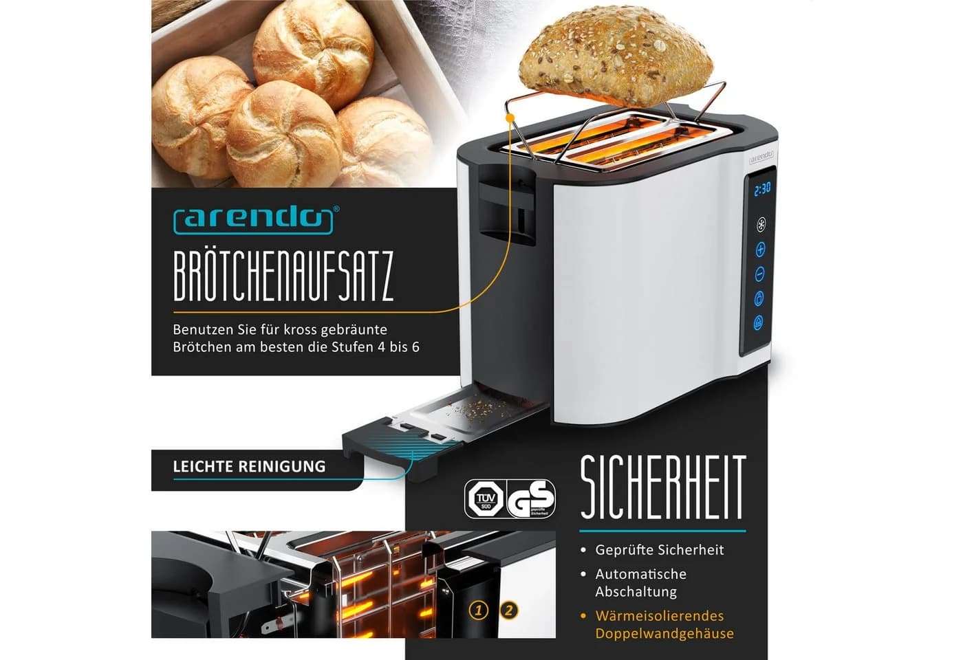 Arendo Frühstücks-Set Weiß Edelstahl Wasserkocher & Toaster Touch - Bild 4