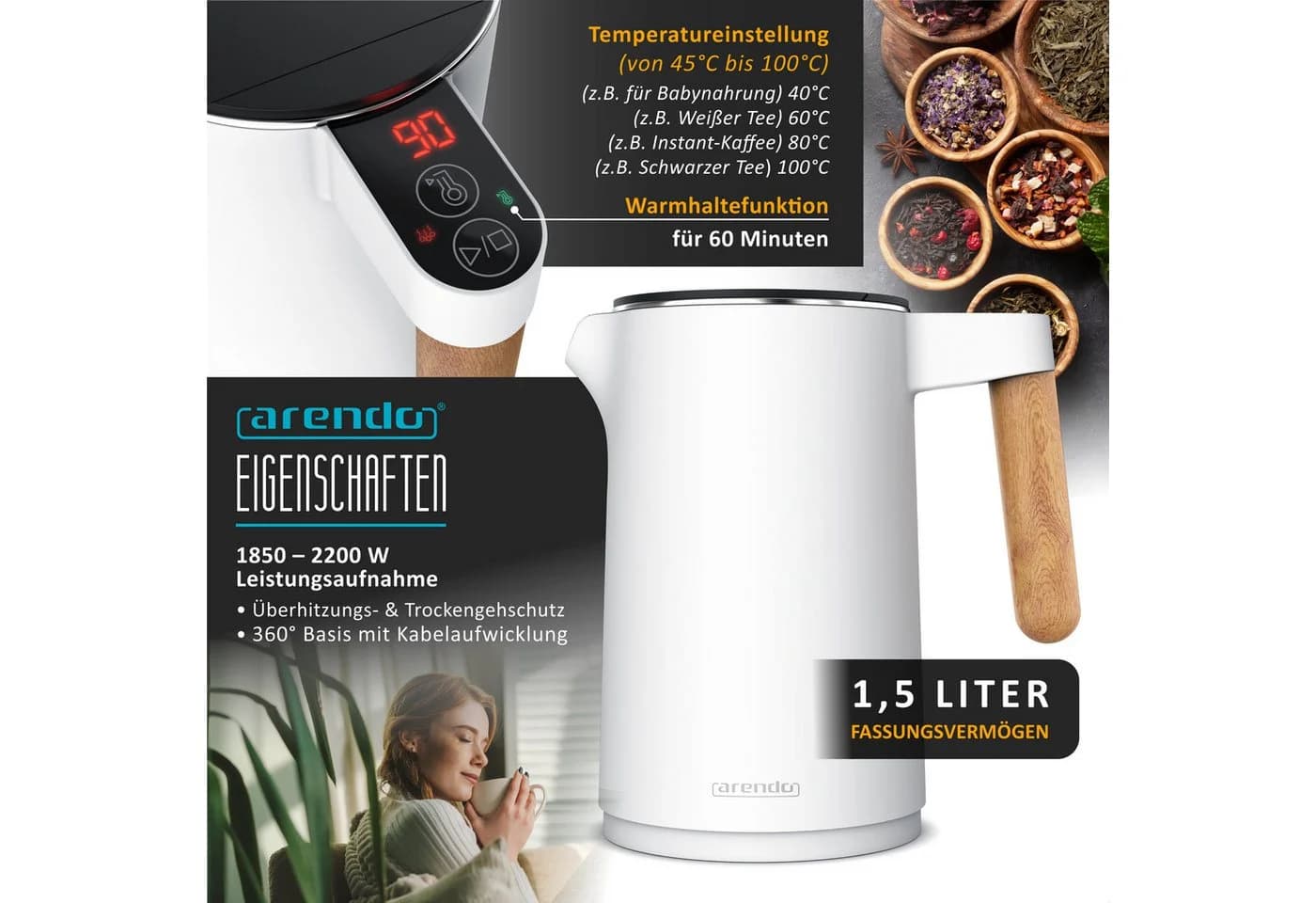 Arendo Frühstücks-Set Edelstahl Wasserkocher & Toaster Touch Weiß